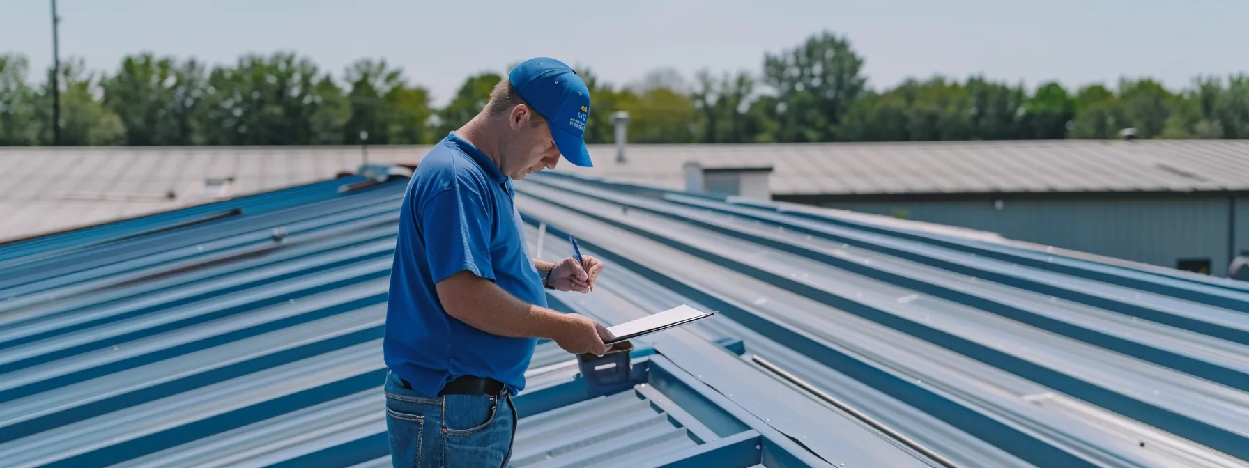 a certified roofing specialist carefully examining a commercial metal roof with precision and expertise.