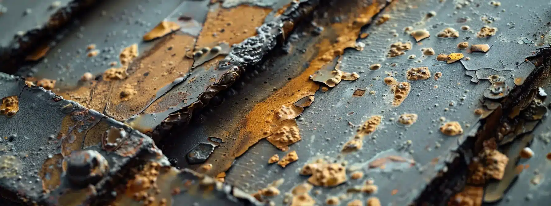 a close-up photo showing rusted and corroded metal roof panels with missing fasteners, water stains, and damaged sealant, highlighting the need for prompt maintenance and repair.