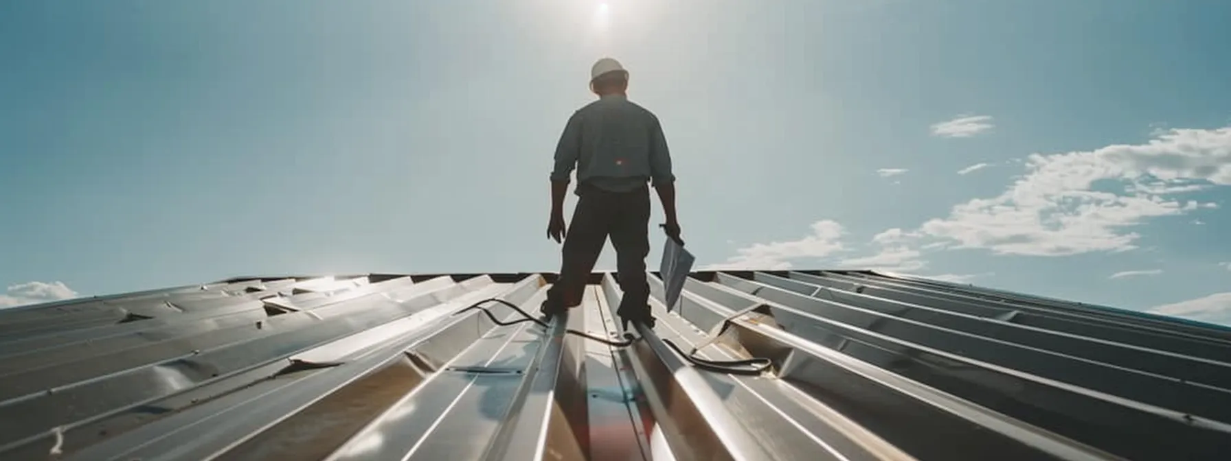 a commercial metal roof being inspected in a clear, sunny day with a maintenance calendar in hand.