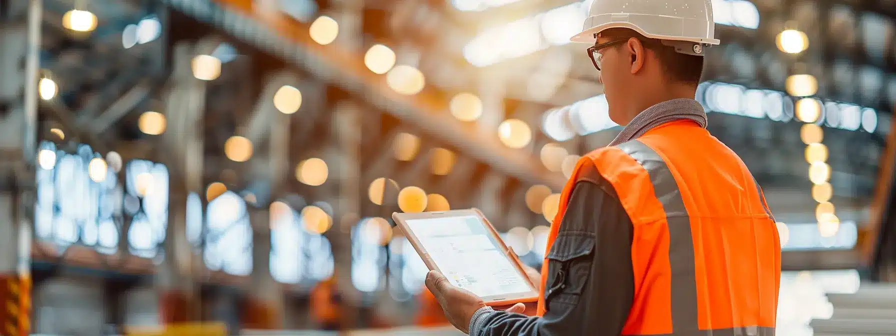 a construction worker using a tablet to quickly check and ensure compliance with florida building codes on a steel frame structure.