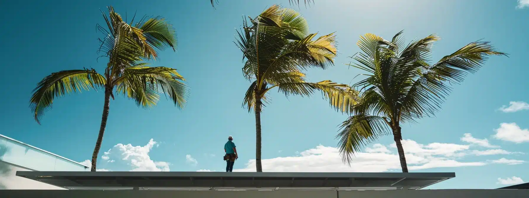 a contractor stands under a sturdy metal roof, surrounded by palm trees swaying in a strong wind, ensuring compliance with florida building codes and regulations.