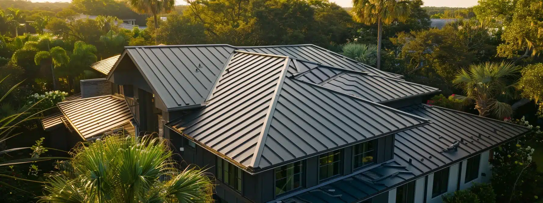 a florida metal roofing contractor carefully examining a sleek, weather-resistant metal roof installation on a sunny day.