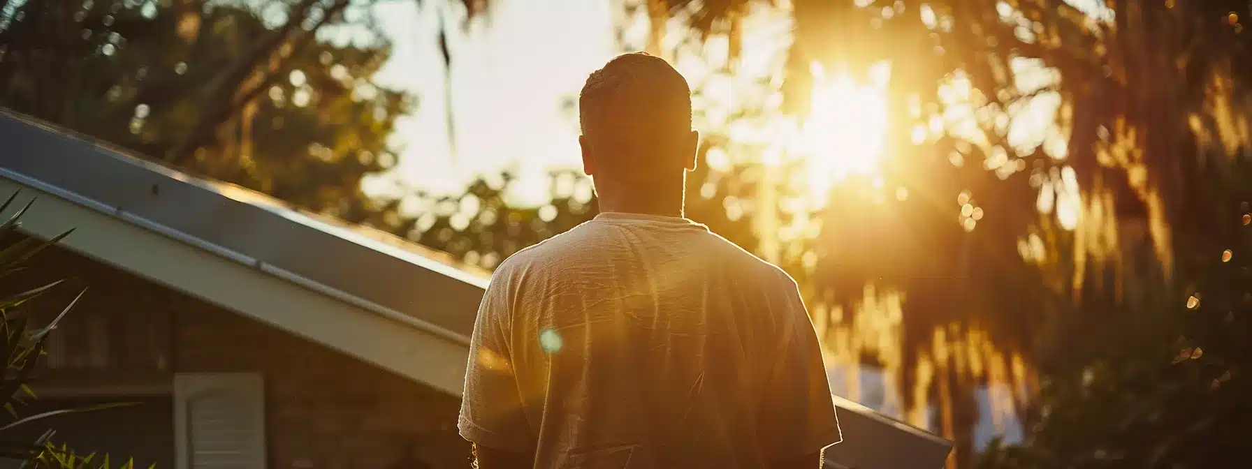 a homeowner inspecting a metal roof under the bright florida sun, contemplating between diy maintenance and professional services.