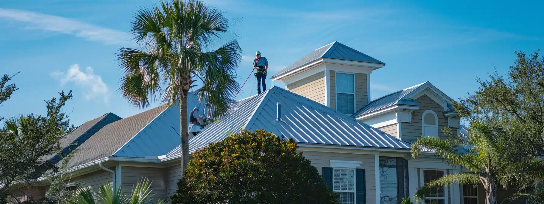 a homeowner on a metal roof, diligently cleaning and applying protective coatings under the bright florida sun.