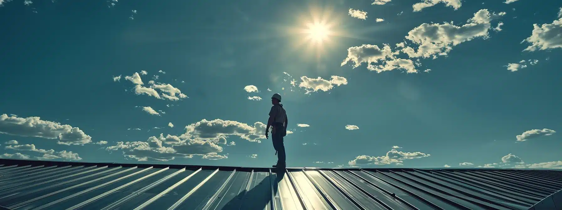 a maintenance worker carefully inspecting a clean and rust-free metal roof under the sunny florida sky.