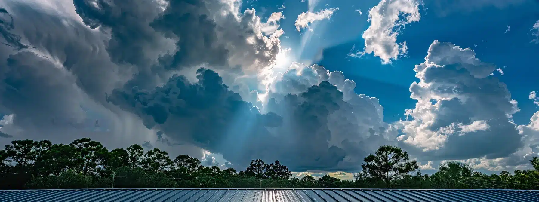 a metal roof installation under a scorching florida sun, with thick, dark storm clouds looming in the distance, symbolizing the state's climate challenges.