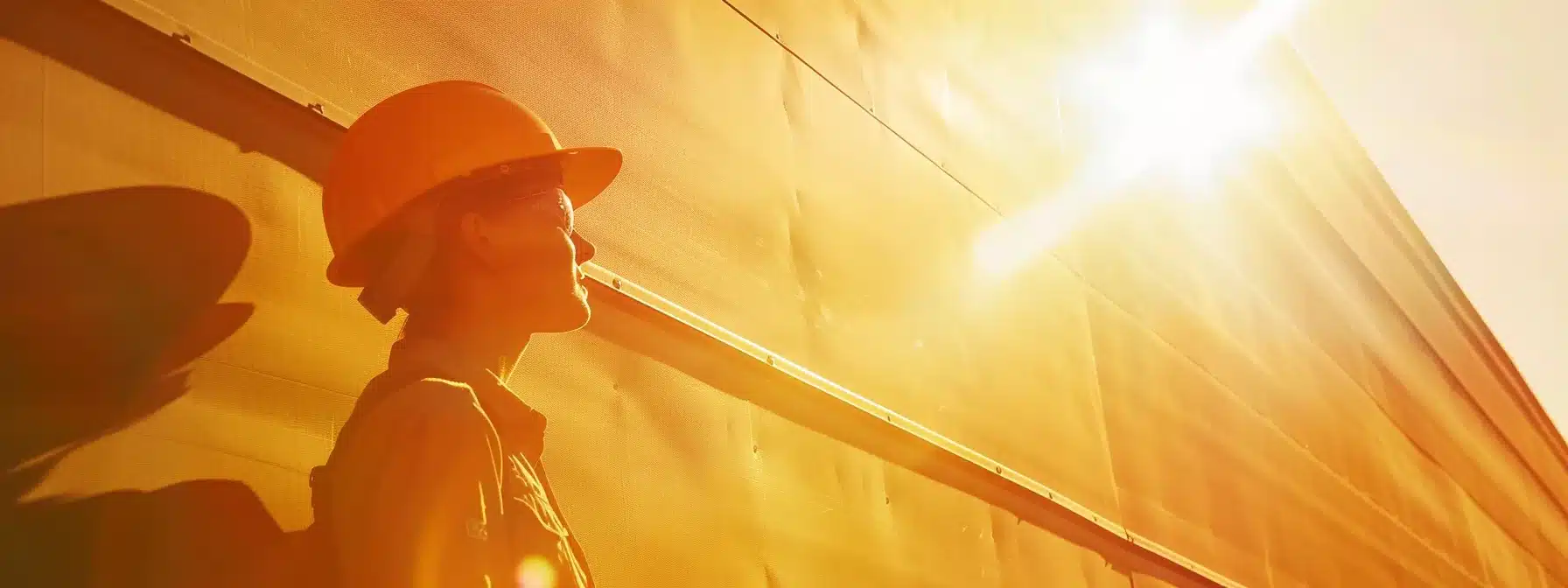 a person in a hard hat inspecting a shiny metal roof under the bright sun.