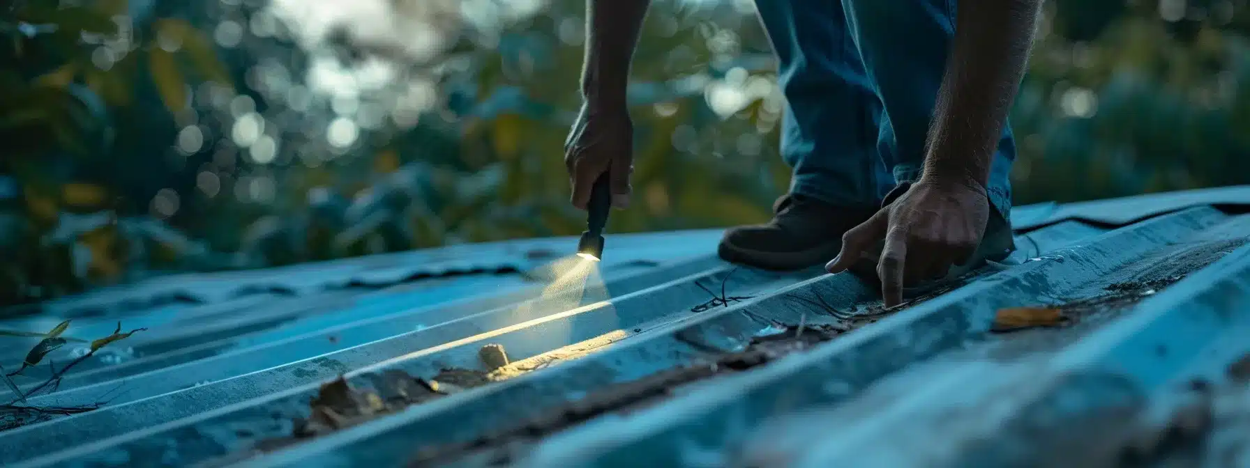 a person with a flashlight carefully examining a commercial metal roof for signs of wear and tear.