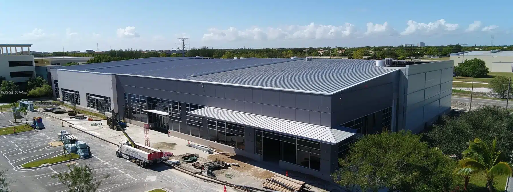 a photo of a sleek metal roof being installed on a commercial building in florida by an experienced contractor, showcasing precision and quality workmanship.