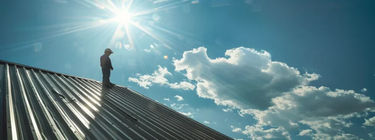 a professional inspector carefully scrutinizing a gleaming metal roof under the bright midday sun.