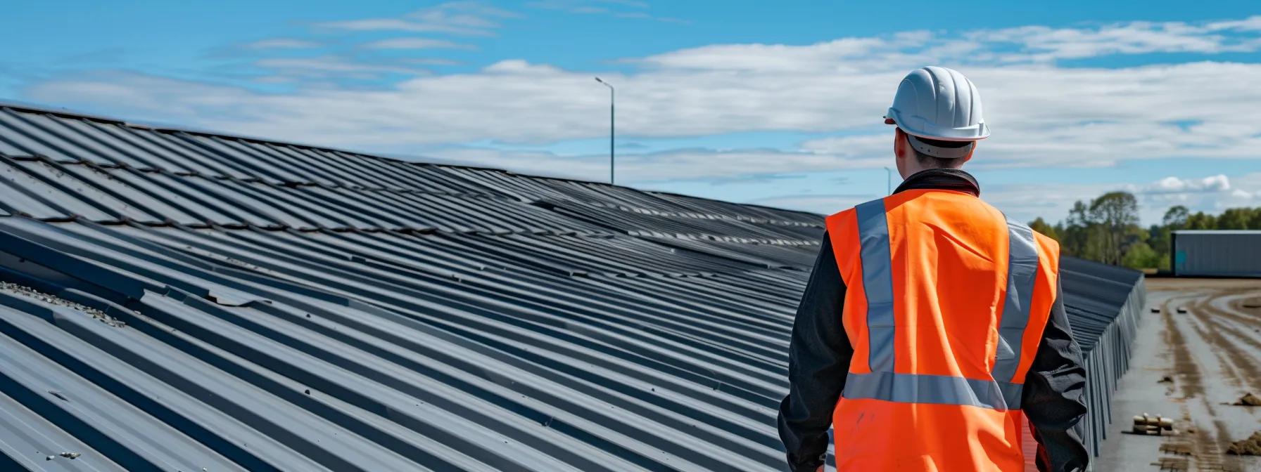 a professional roofing inspector examines a large commercial metal roof with precision, ensuring quality standards and preventing potential leaks.