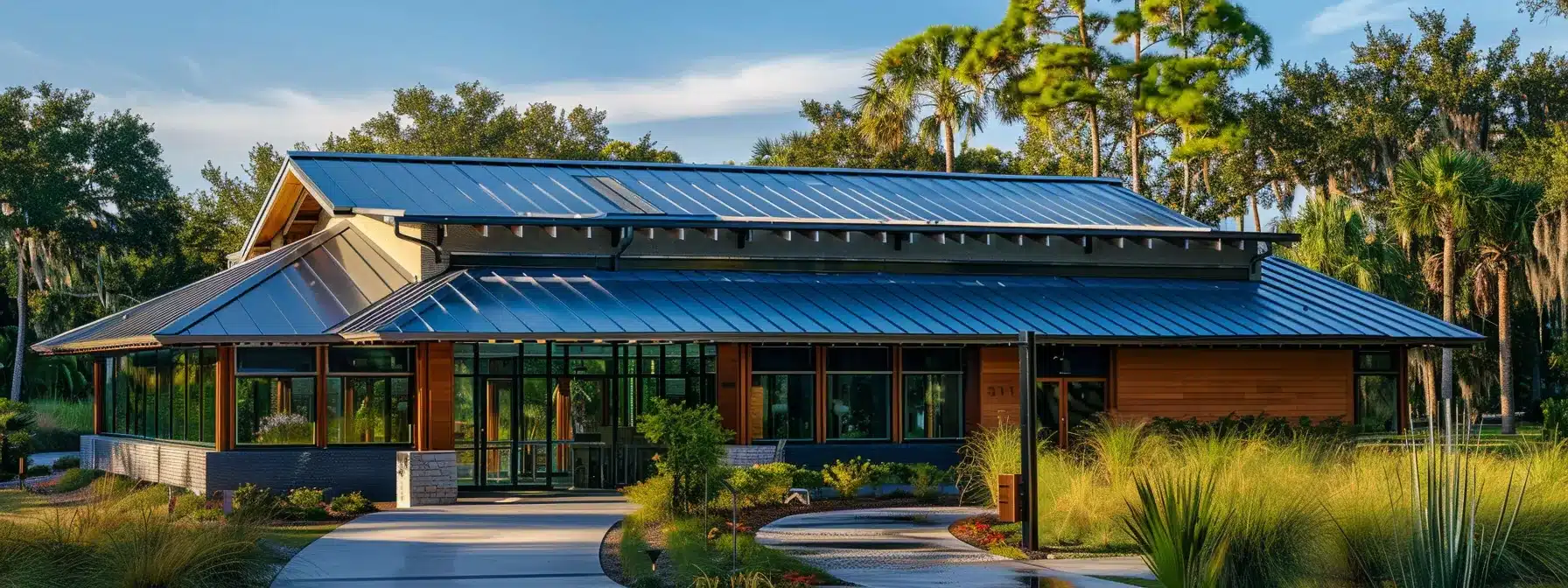 a shiny metal roof glistens under the florida sun, equipped with weather-resistant materials and a top-notch ventilation system.