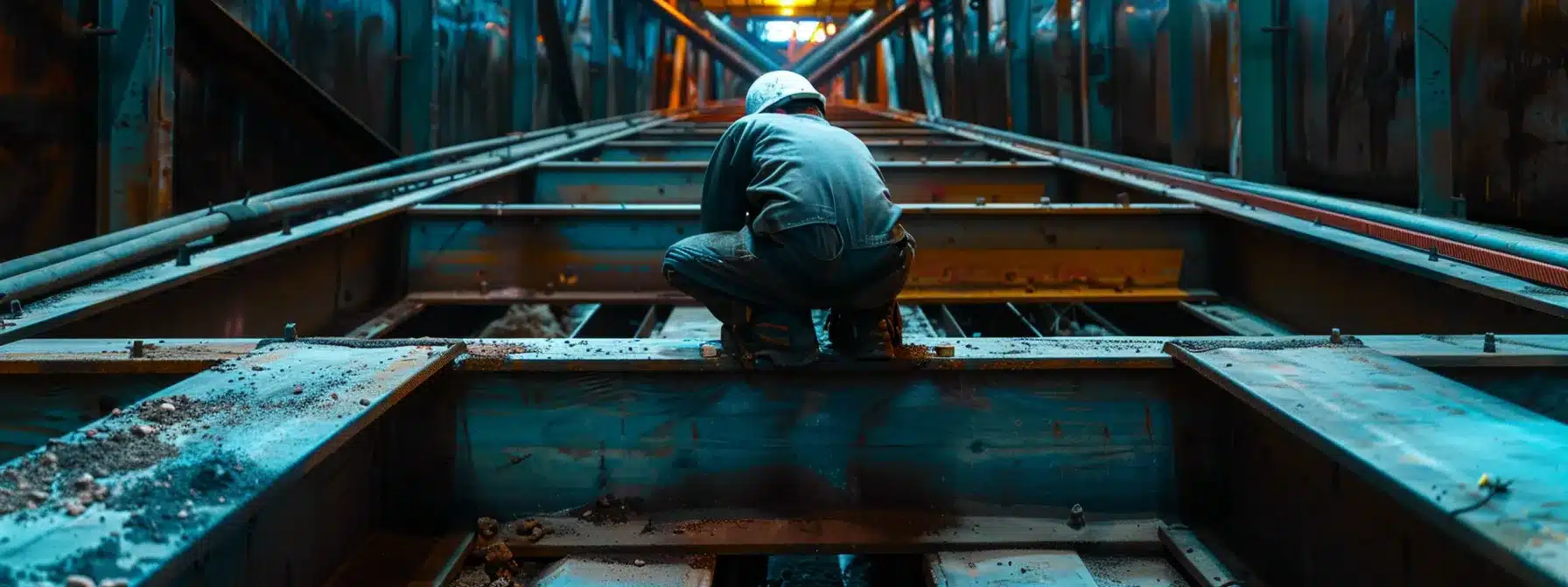 a skilled construction worker carefully aligning and securing steel beams in a coastal building site to prevent corrosion and ensure resilience against hurricanes.