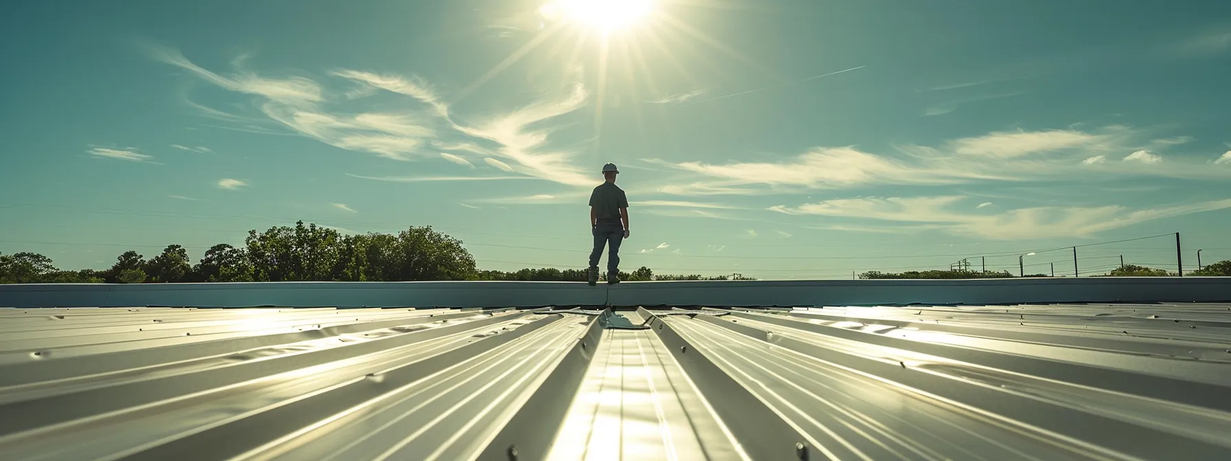 a skilled roofer meticulously applies flashing and sealants to a commercial metal roof under the bright florida sun.