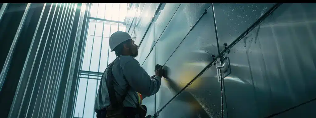 a skilled worker in a hard hat carefully securing silver metal panels onto a large commercial building under the bright florida sun.