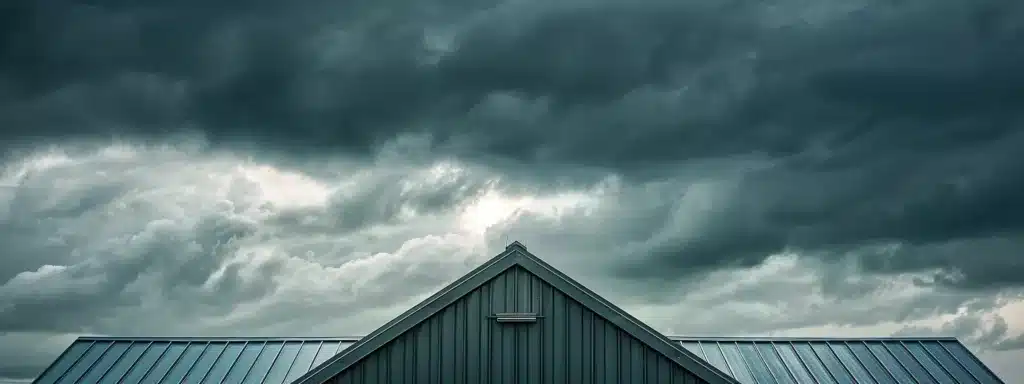 a sleek, modern home with a durable silver metal roof glistening in the sunlight as storm clouds gather in the distance.