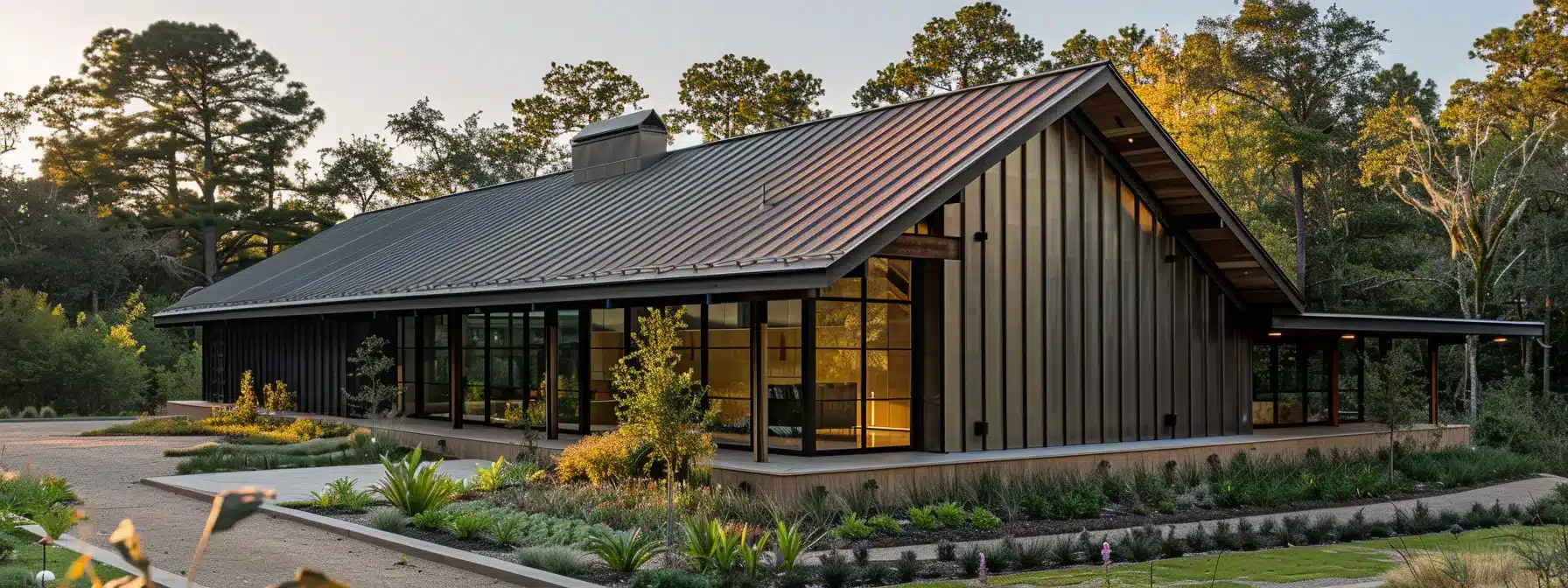 a sleek, modern standing seam metal roof gleaming in the sunlight, showcasing its durable construction and low maintenance benefits.