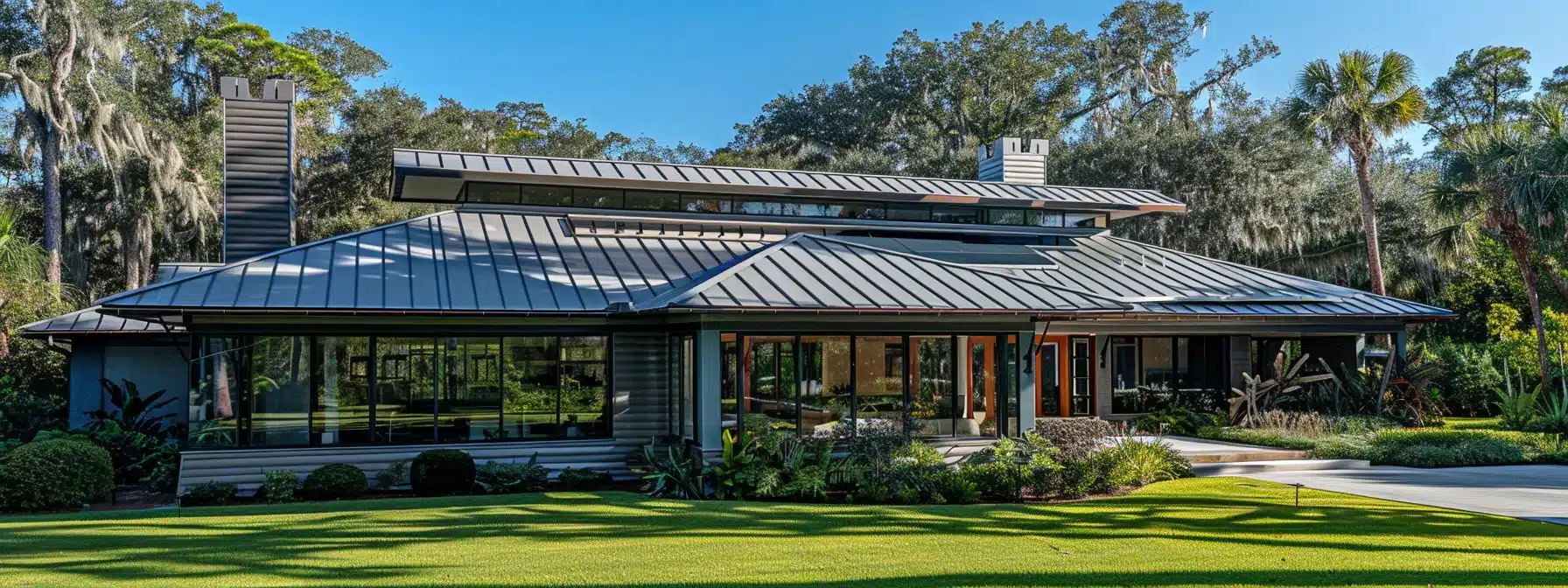 a sleek, silver standing seam metal roof gleams under the sun, resisting flames and protecting a florida home from wildfires.