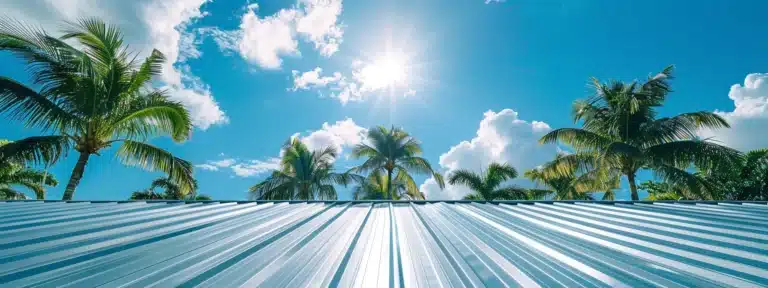 a sleek, silver standing seam metal roof shining under the bright florida sun against a backdrop of lush palm trees and clear blue skies.