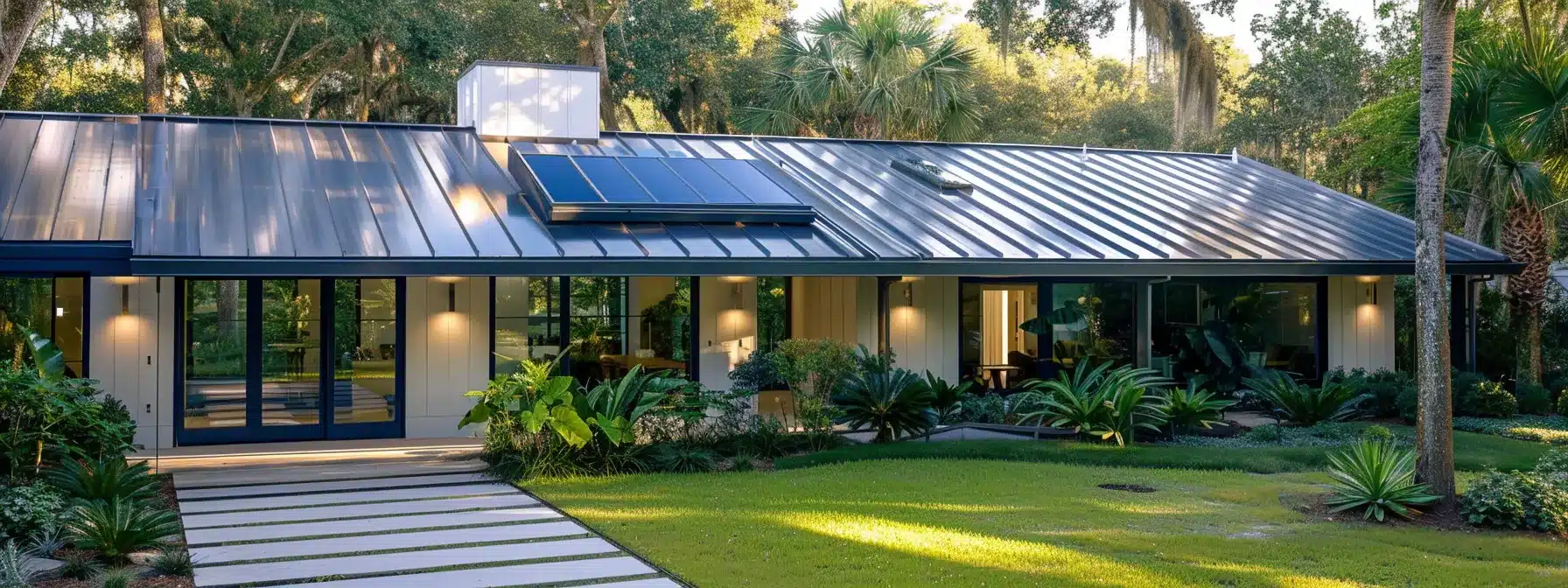 a sleek standing seam metal roof glistening under the florida sun, showcasing its eco-friendly and sustainable qualities for environmentally-conscious homeowners.