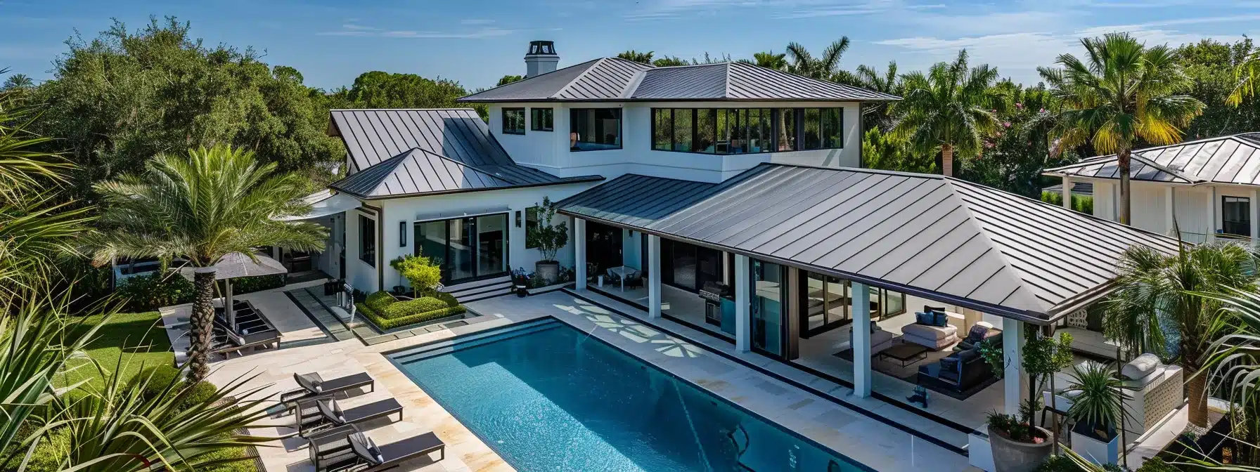 a sleek standing seam metal roof glistens under the bright florida sun, showcasing its exceptional durability in the face of hurricane-force winds and coastal environments.