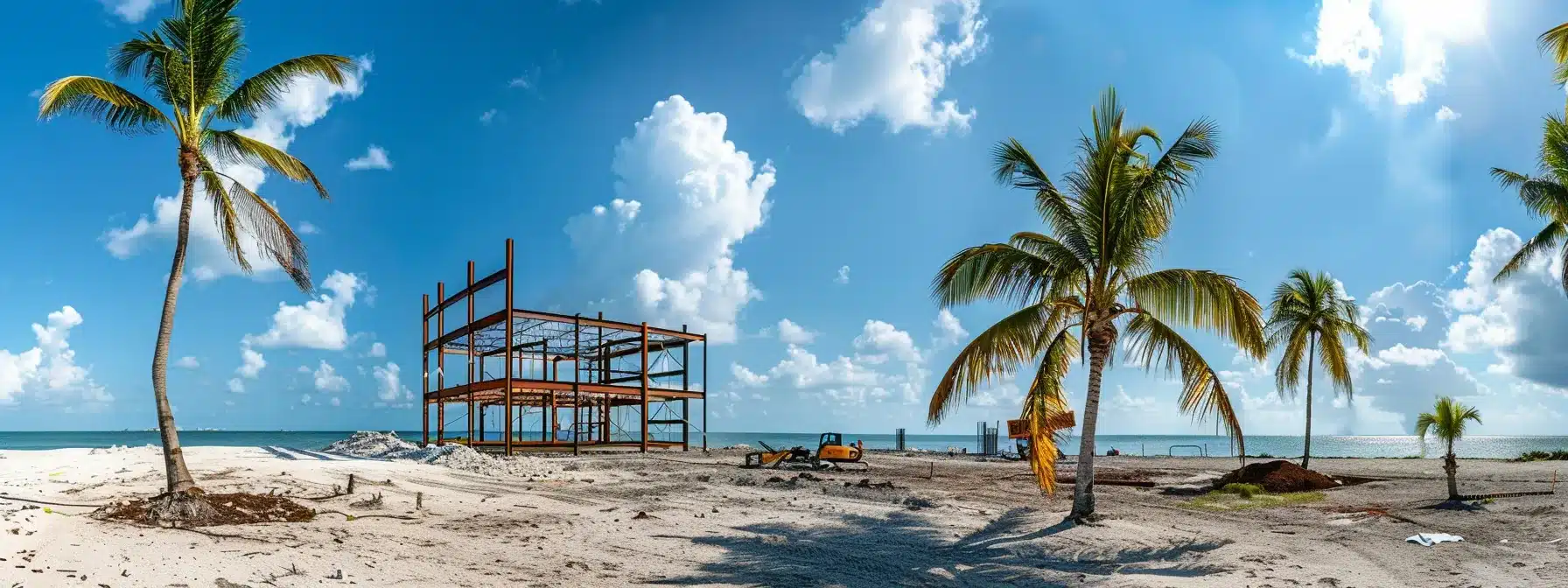 a sturdy steel frame being meticulously assembled under a clear sky, prepared to withstand the powerful forces of a hurricane in florida.