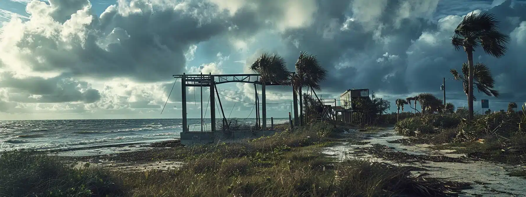 a sturdy steel frame structure with cross-bracing and shear walls, reinforced connections, and coated in galvanized steel, standing strong against hurricane-force winds in florida.