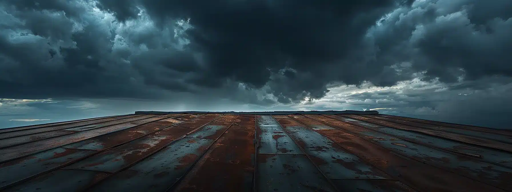 a weathered copper roof under a stormy florida sky, showcasing the effects of rust and corrosion from high humidity and salty air.