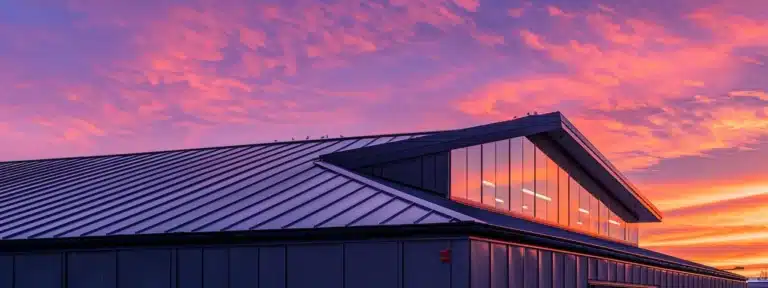 a modern steel roofing reflecting the vibrant hues of a sunset, showcasing durability and style.