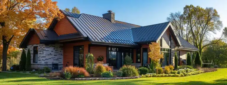 a sleek and modern steel roof gleaming under the bright sun against a backdrop of a cozy home, showcasing why it is the smart choice for homeowners.