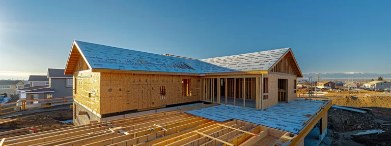 a professional contractor carefully aligning and securing steel roofing panels on a newly constructed house under clear blue skies.