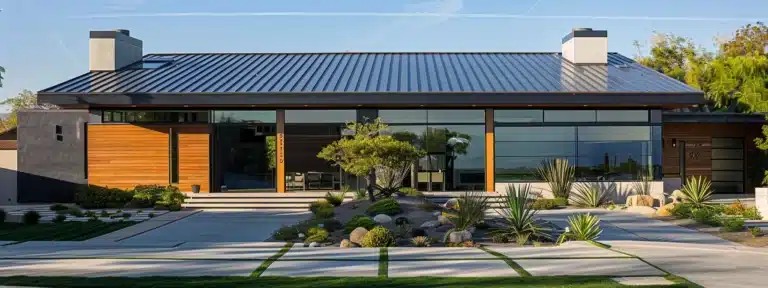 a sleek, modern steel roof glistening in the sunlight, enhancing the overall appeal of a suburban home.