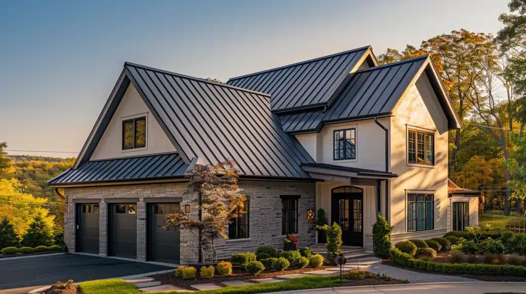 a sunlit jacksonville home showcases a gleaming metal roof, reflecting vibrant hues of blue sky and lush greenery, embodying durability and elegance.