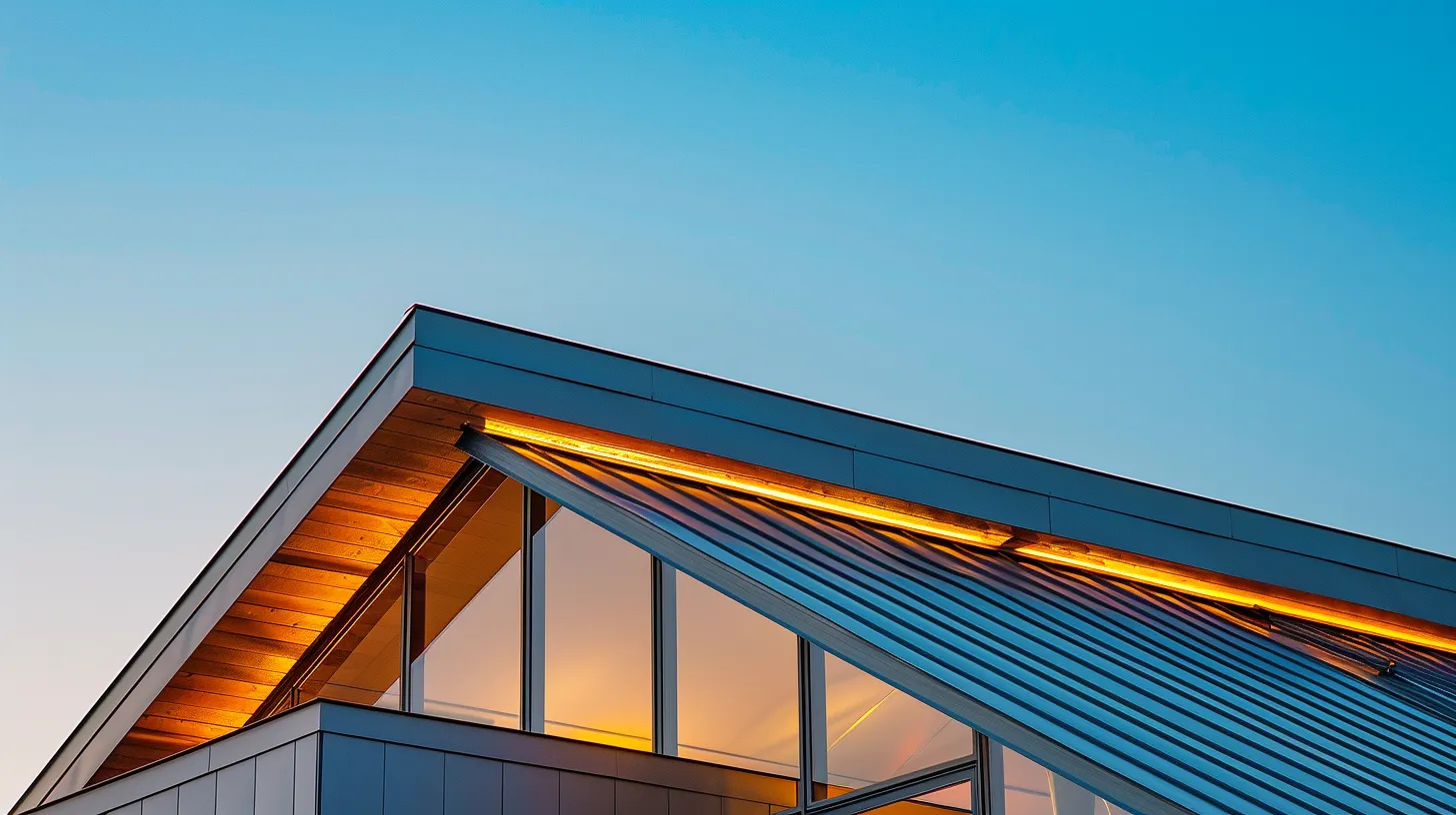 a beautifully lit, modern home showcases an elegant standing seam metal roof, highlighting its sleek design and reflecting the brilliance of sunlight against a clear blue sky, symbolizing both immediate elegance and long-term value.