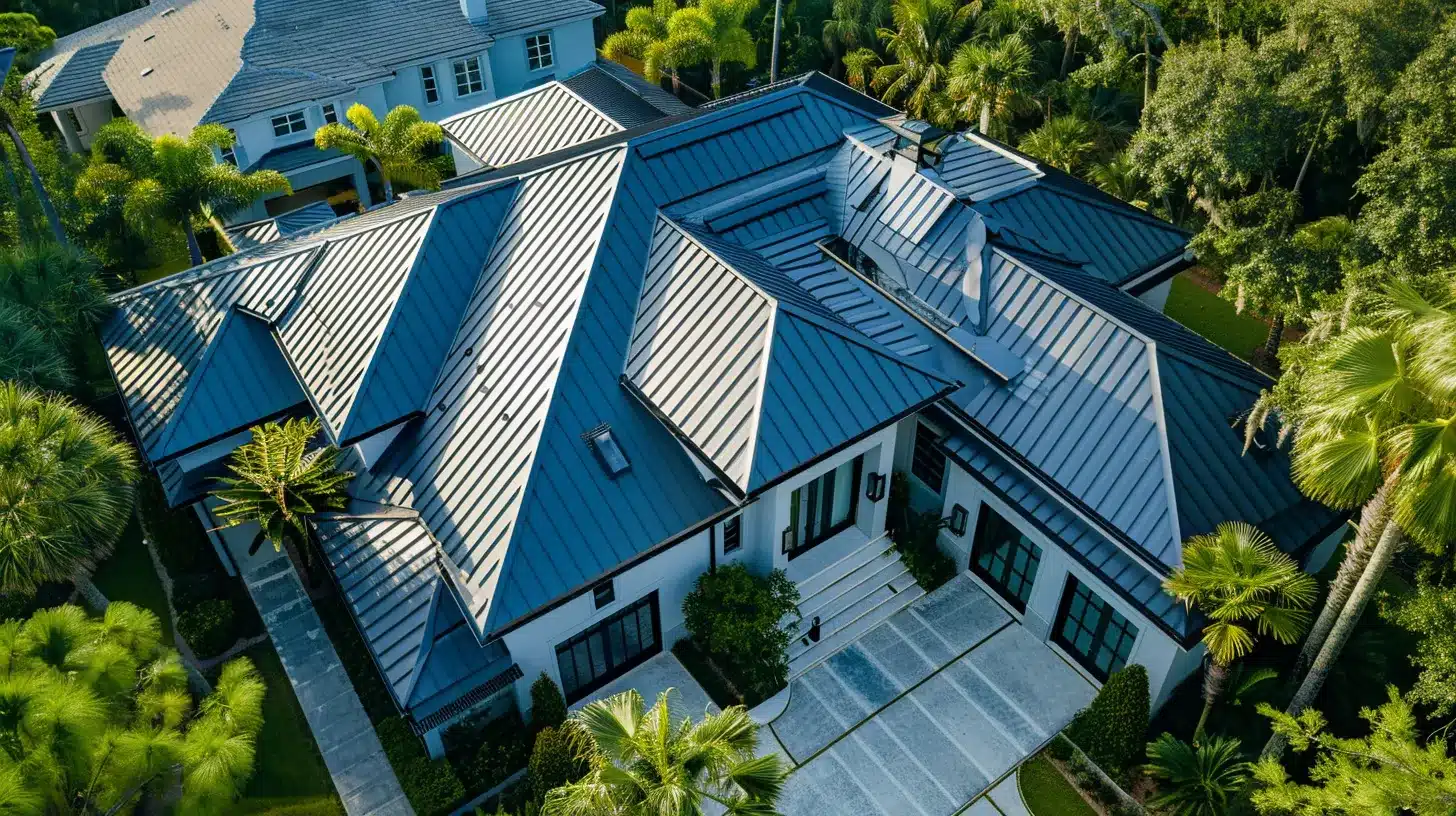 a dramatic overhead view of a modern home featuring a gleaming metal roof, contrasting against a backdrop of lush tropical foliage and varying roofing materials, highlighting durability amid jacksonville's intense weather.