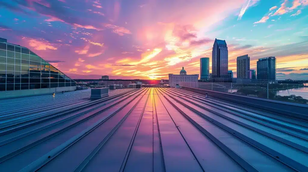 a majestic skyline of jacksonville showcases a modern, glistening standing seam metal roof contrasting against a vibrant sunset, highlighting its durability and aesthetic appeal.