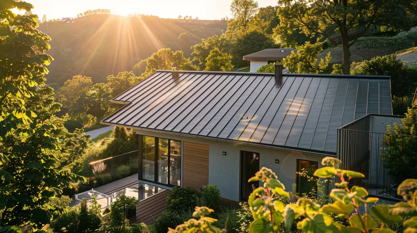 a radiant sunlit landscape showcases a modern home adorned with a sleek standing seam metal roof, symbolizing eco-friendliness and sustainability amidst lush greenery.