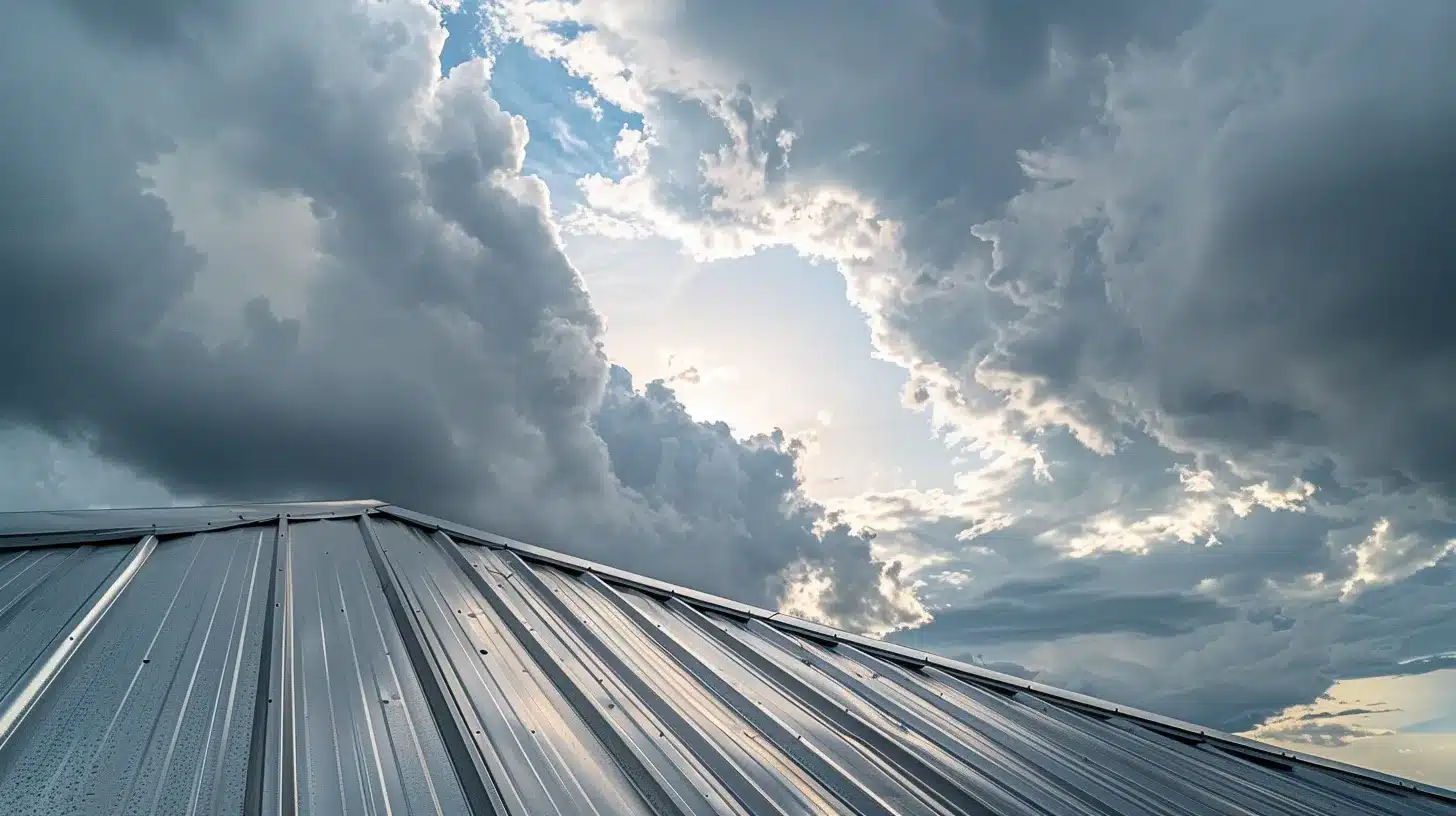 a resilient metal roof gleams under a dramatic sky, showcasing its durability against fierce winds and heavy rain in jacksonville's stormy landscape.