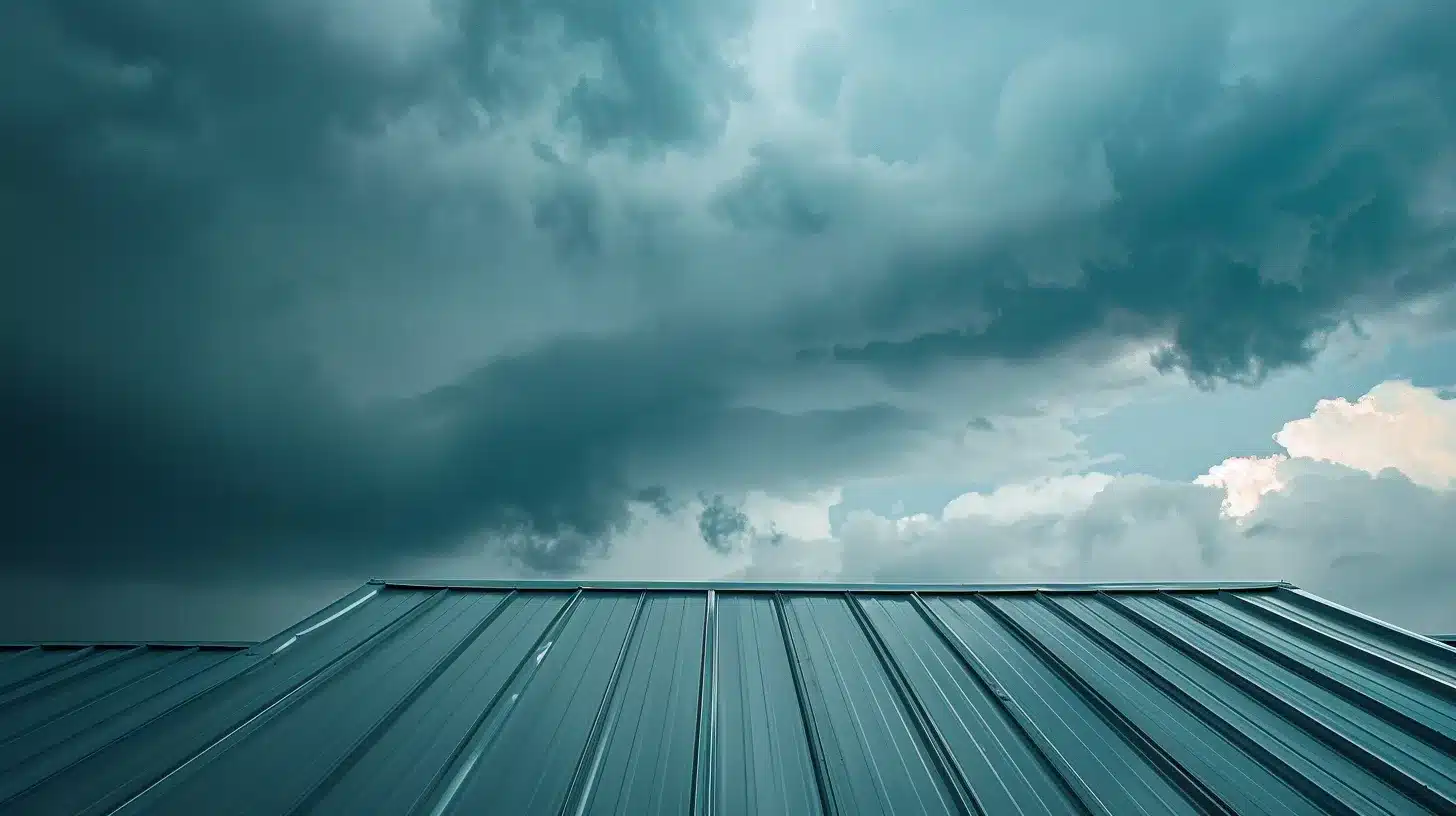 a resilient metal roof glistens under a dramatic stormy sky, showcasing advanced weatherproofing techniques that ensure protection against jacksonville's relentless hurricanes and humidity fluctuations.