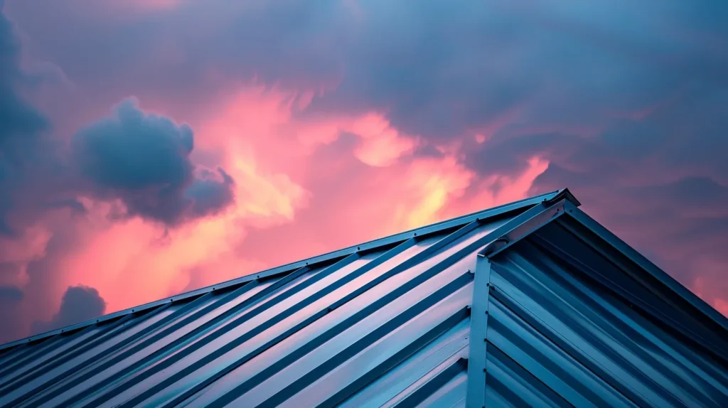 a resilient metal roof glistens under jacksonville's vibrant sunset, showcasing its strength against the backdrop of looming storm clouds, emphasizing its durability in harsh weather.