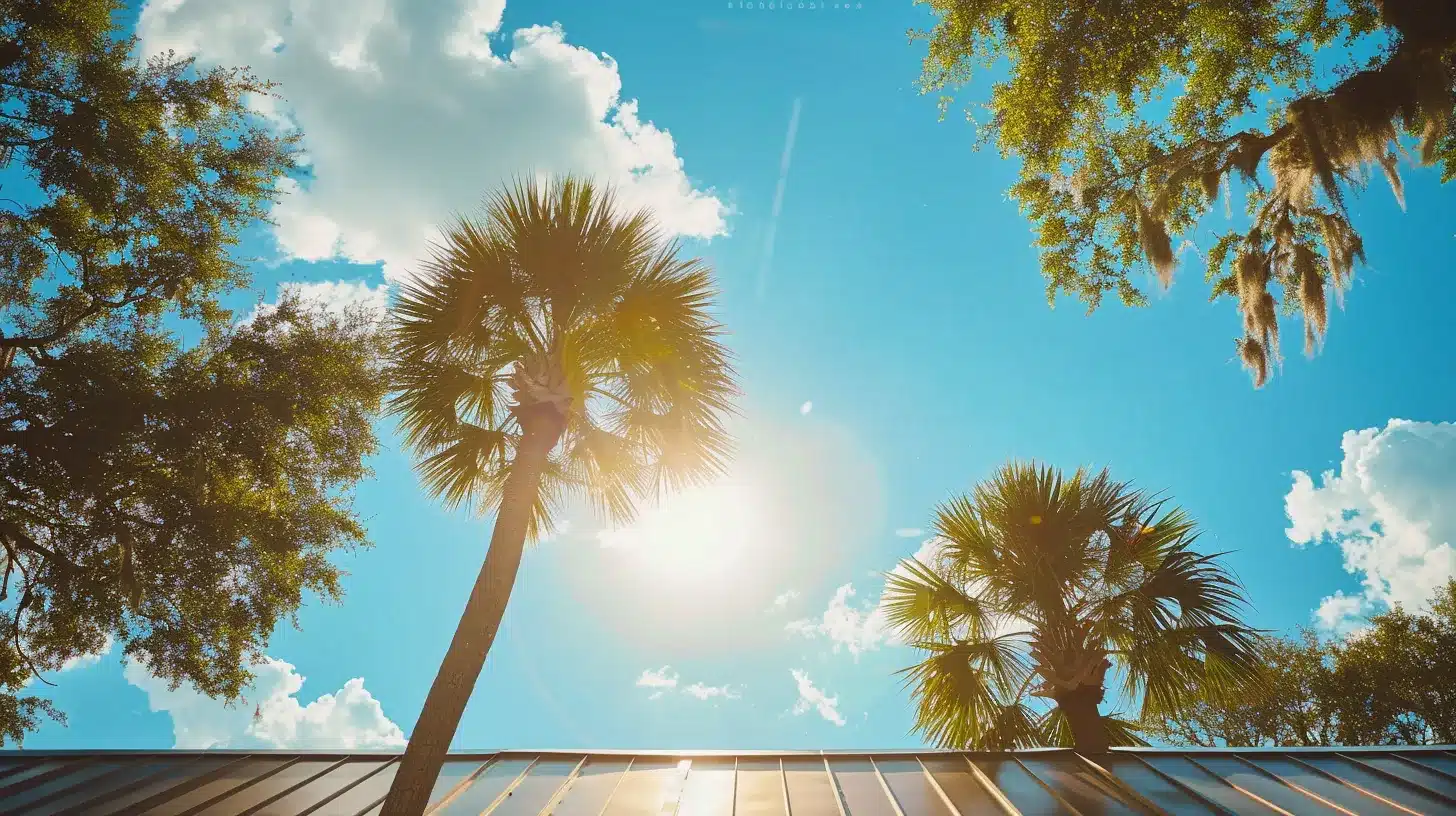 a resilient metal roof glistens under a clear blue sky in jacksonville, symbolizing strength against hail and fire, with vibrant sunlight highlighting its class 4 impact resistance.