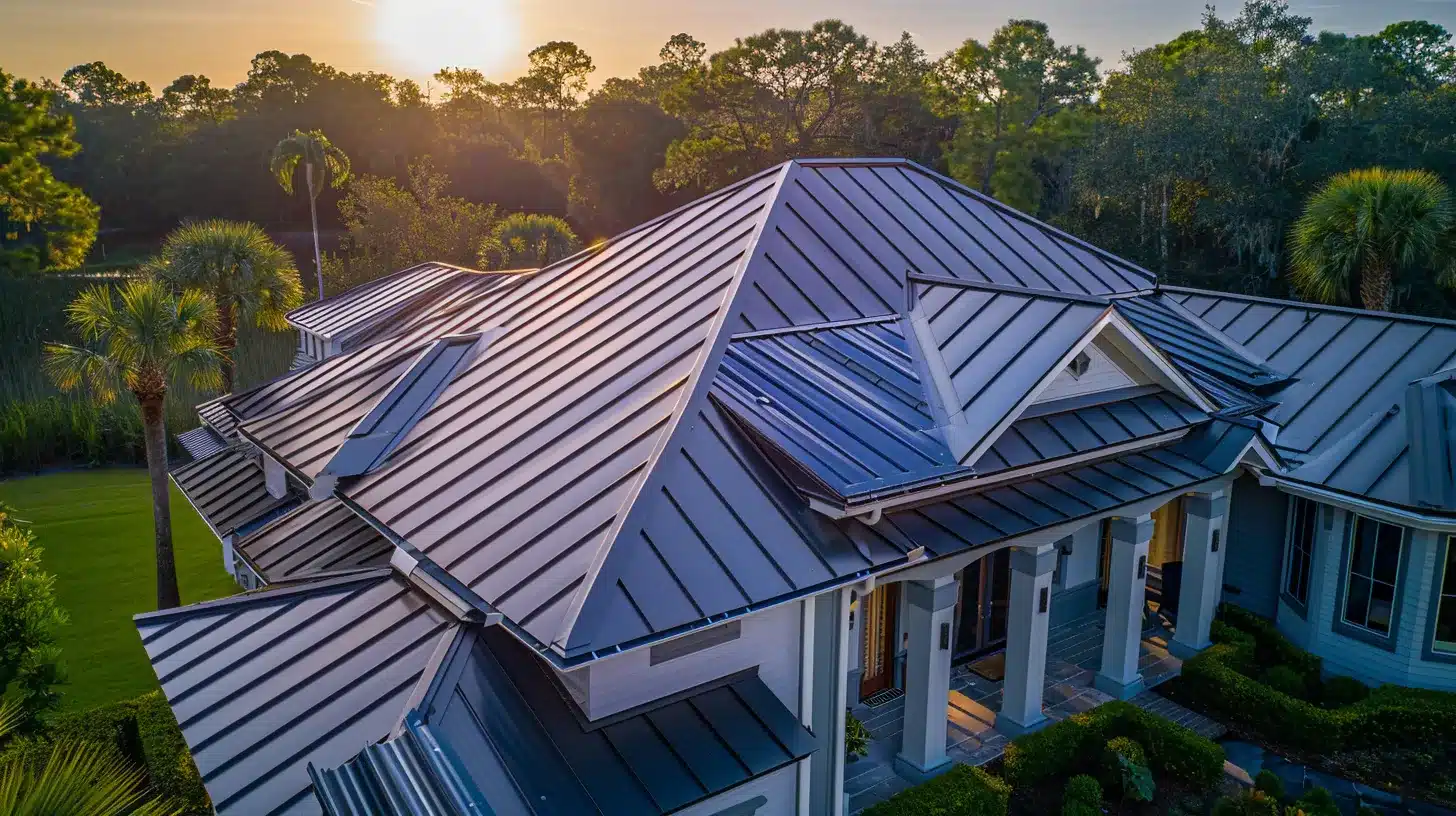 a striking aerial view of a newly installed metal roof glistening in the golden sunlight, showcasing precise fastening and vibrant colors against the backdrop of jacksonville's lush landscape, symbolizing durability and expert craftsmanship.