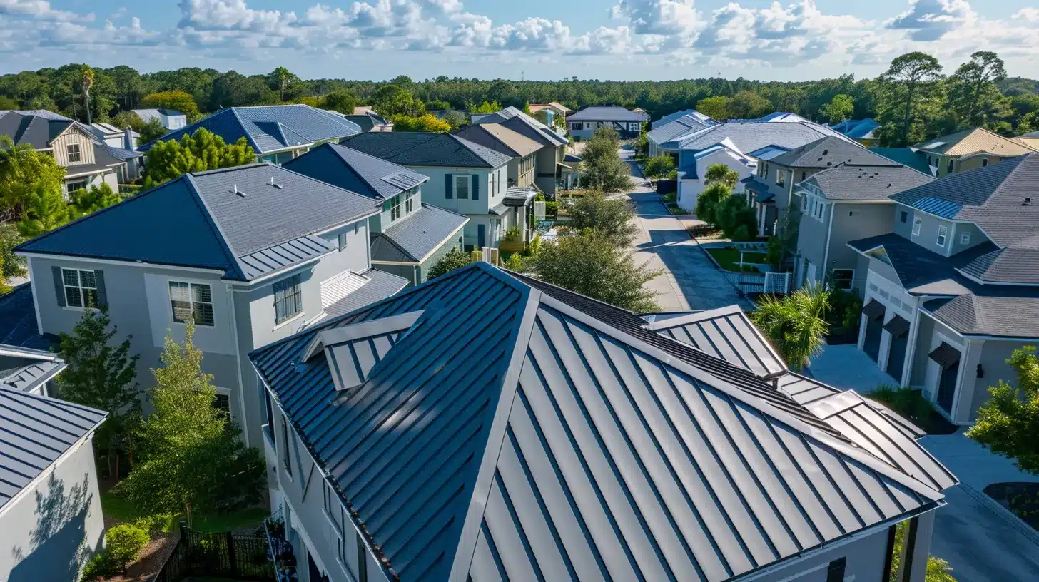 a striking aerial view of a vibrant jacksonville neighborhood showcasing newly installed, gleaming metal roofs glistening under the bright sun, symbolizing durability and sustainability in roofing solutions.