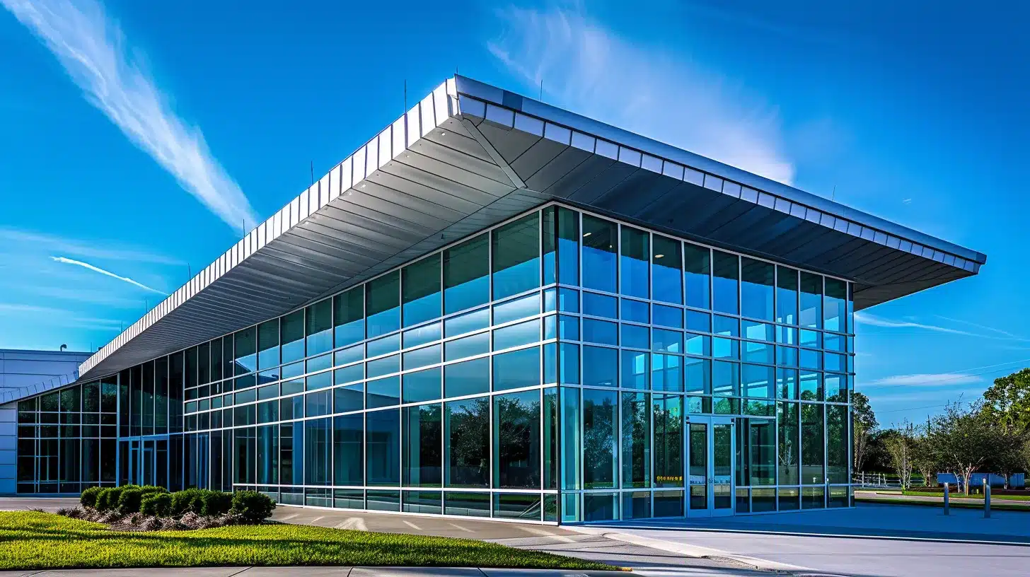 a striking, modern standing seam metal roof gleams under the bright jacksonville sun, showcasing its sleek interlocking panels in galvanized steel, with vibrant blue skies enhancing its aesthetic appeal.