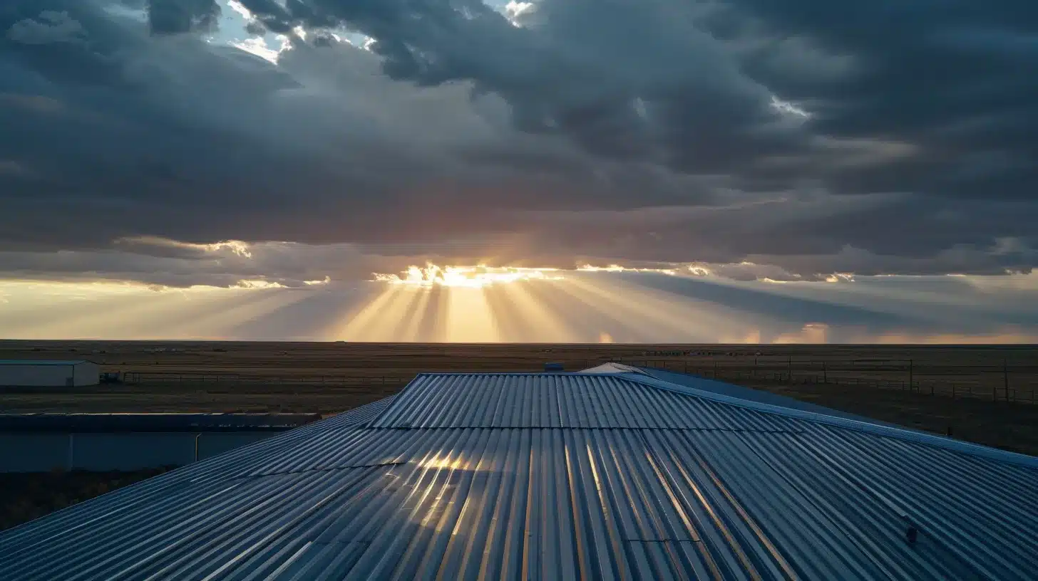 a stunning aerial view of a resilient standing seam metal roof glistening under a radiant sun, contrasted against a backdrop of stormy skies, symbolizing durability and reliability amidst severe weather.