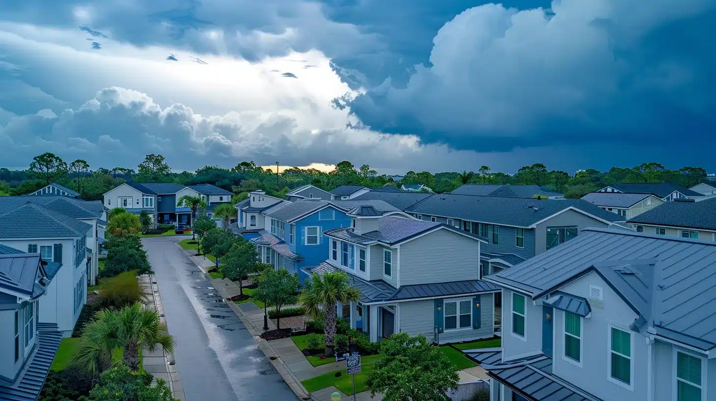 a stunning aerial view of a row of homes in jacksonville showcasing resilient metal roofs glistening under a bright sun, contrasted against dark storm clouds gathering in the distance, symbolizing strength and protection against severe weather.