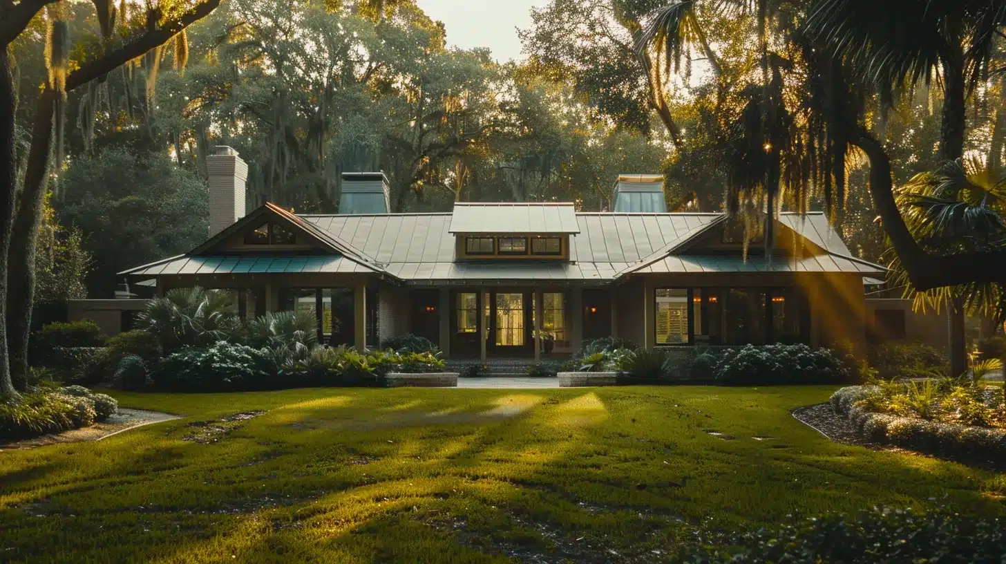 a sun-drenched jacksonville home with a sleek standing seam metal roof gleaming in the afternoon light, showcasing its reflective surface and an inviting, energy-efficient environment.