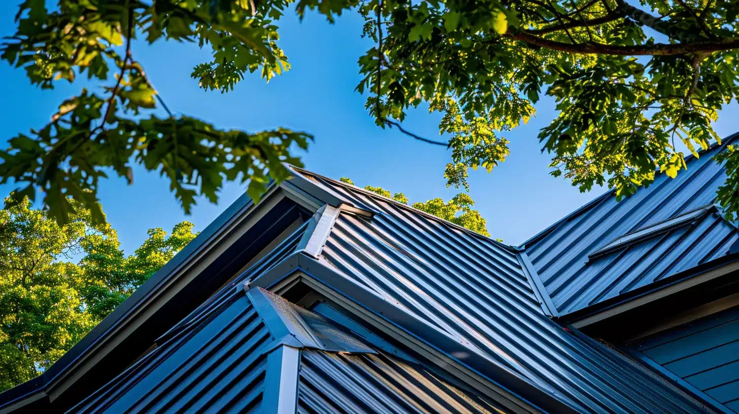 a vibrant, sunlit metal roof glistens under clear blue skies in jacksonville, surrounded by lush greenery, symbolizing the importance of regular maintenance for durability and longevity.