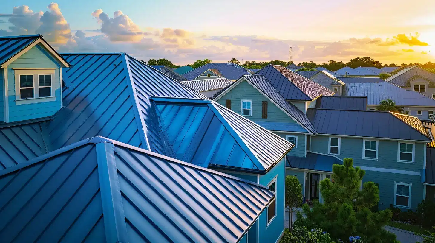 a vibrant jacksonville neighborhood showcases a stunning array of standing seam metal roofs in various rich colors and sleek styles, reflecting the sun's warm glow and enhancing the overall aesthetic appeal of the homes.