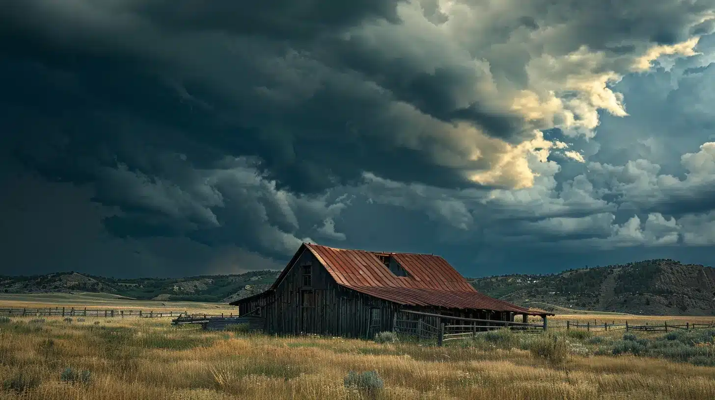 a weathered metal roof gleams under the bright sun, showcasing expertly installed fasteners and layered sealants, while storm clouds gather ominously in the background, illustrating the critical balance between durability and nature's challenges.